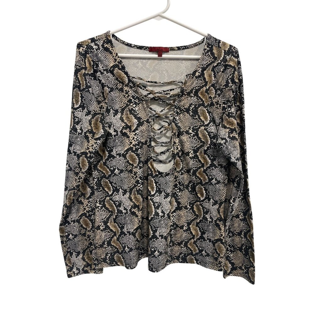 BKE Red Top Size XL Snake Print Long Sleeve Lace Up Neck Black Tan Animal Print